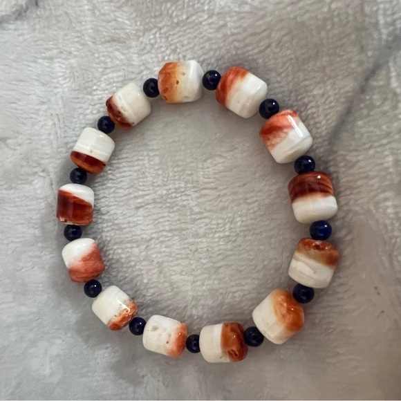 12mm Spiny Oyster & Lapis Lazuli Southwestern Stretchy Bracelet Size 5.75+ - Picture 1 of 11